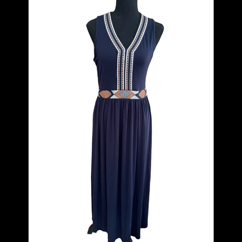 Eliane Rose Navy Blue Jersey Knit Maxi Dress With Abstract Ribbon Trim, Size S
